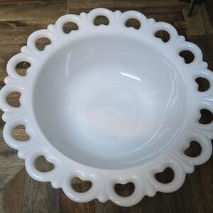 Anchor Hocking White Milk Glass Bowl with Scalloped Heart-Loop Edge